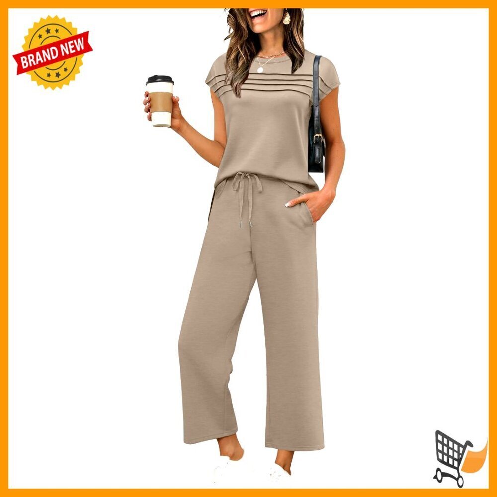 Two Piece Set Cap Sleeve Top Wide Leg Pants Lounge Travel Outfit Chic Comfort